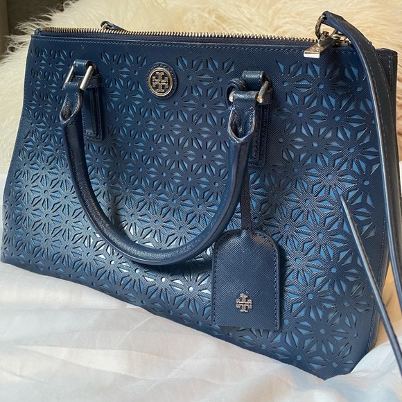 Tory Burch- Dark blue floral leather Robinson tote - Picture 2 of 6